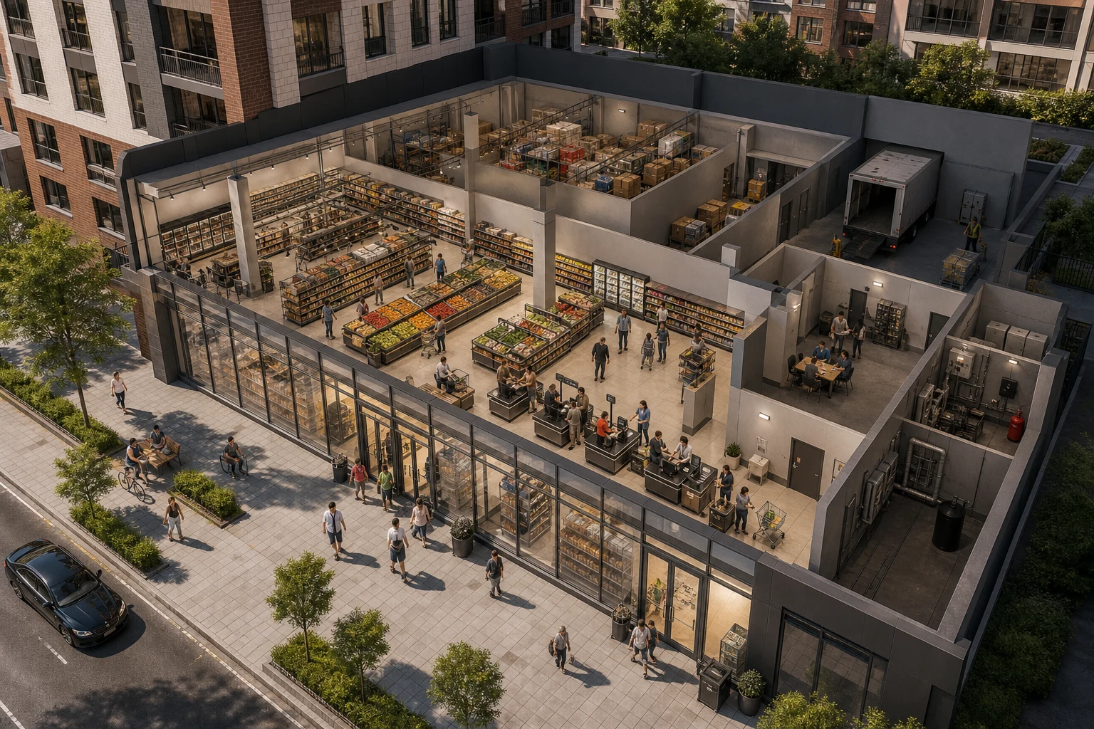 Инвестиционная схема помещения супермаркета с торговым залом, кассами, складом и зоной приемки