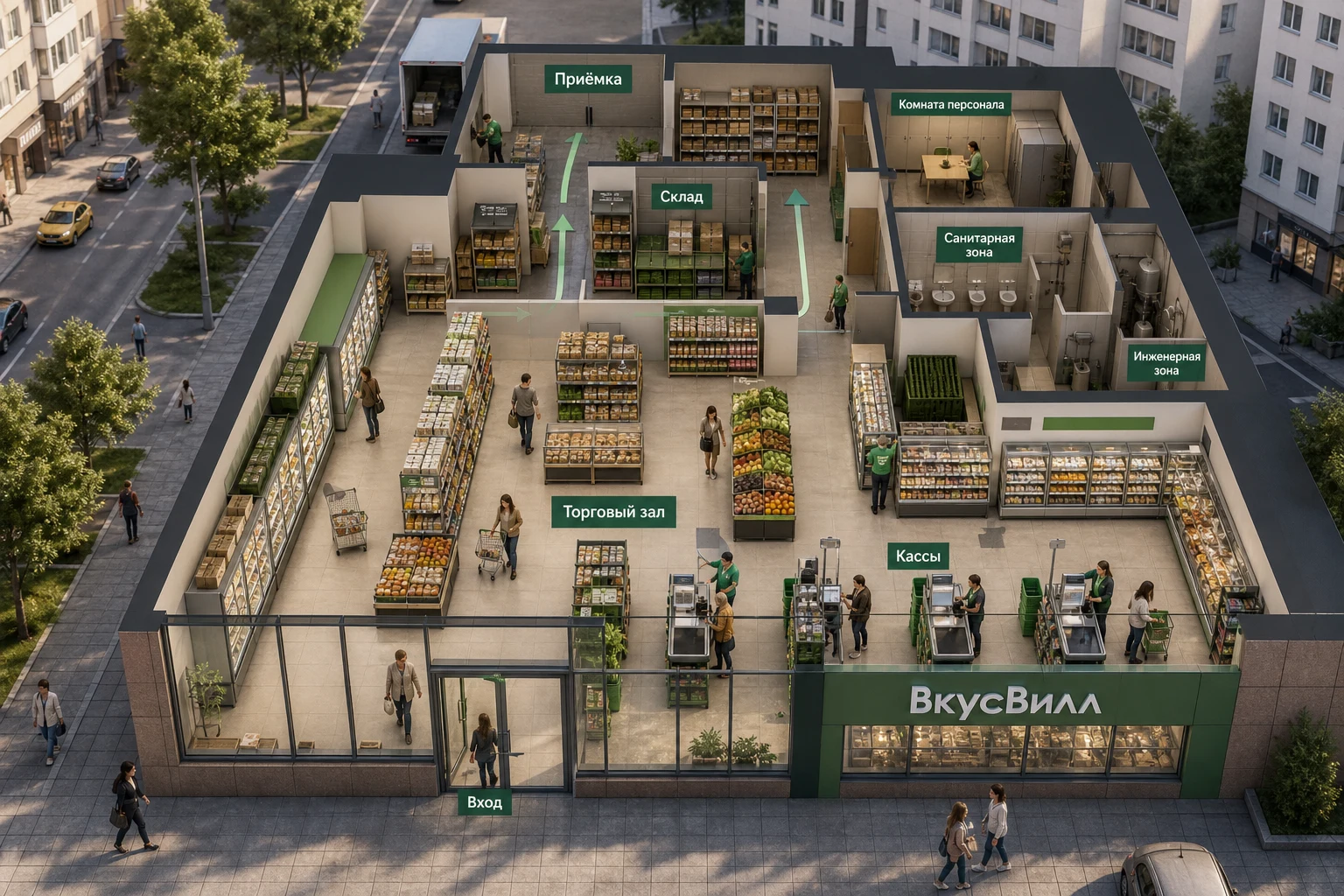 Иллюстративная планировка помещения для продуктового магазина ВкусВилл в Москве