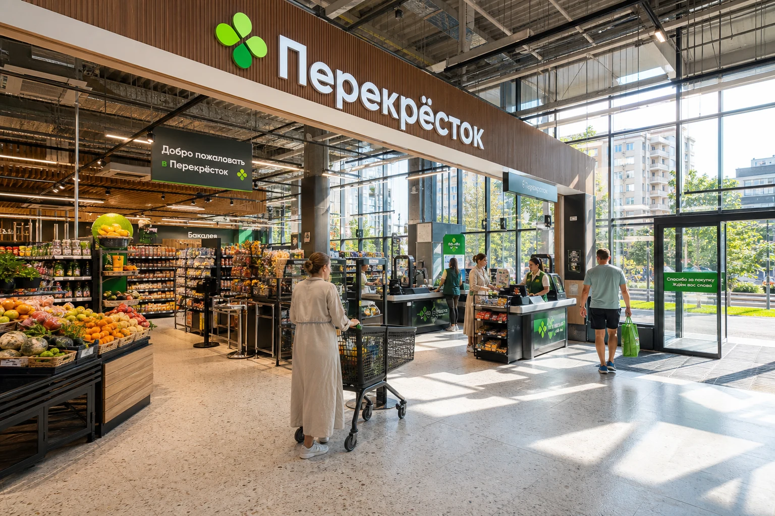 Светлый торговый зал «Перекрёстка» в помещении на первом этаже московского ЖК